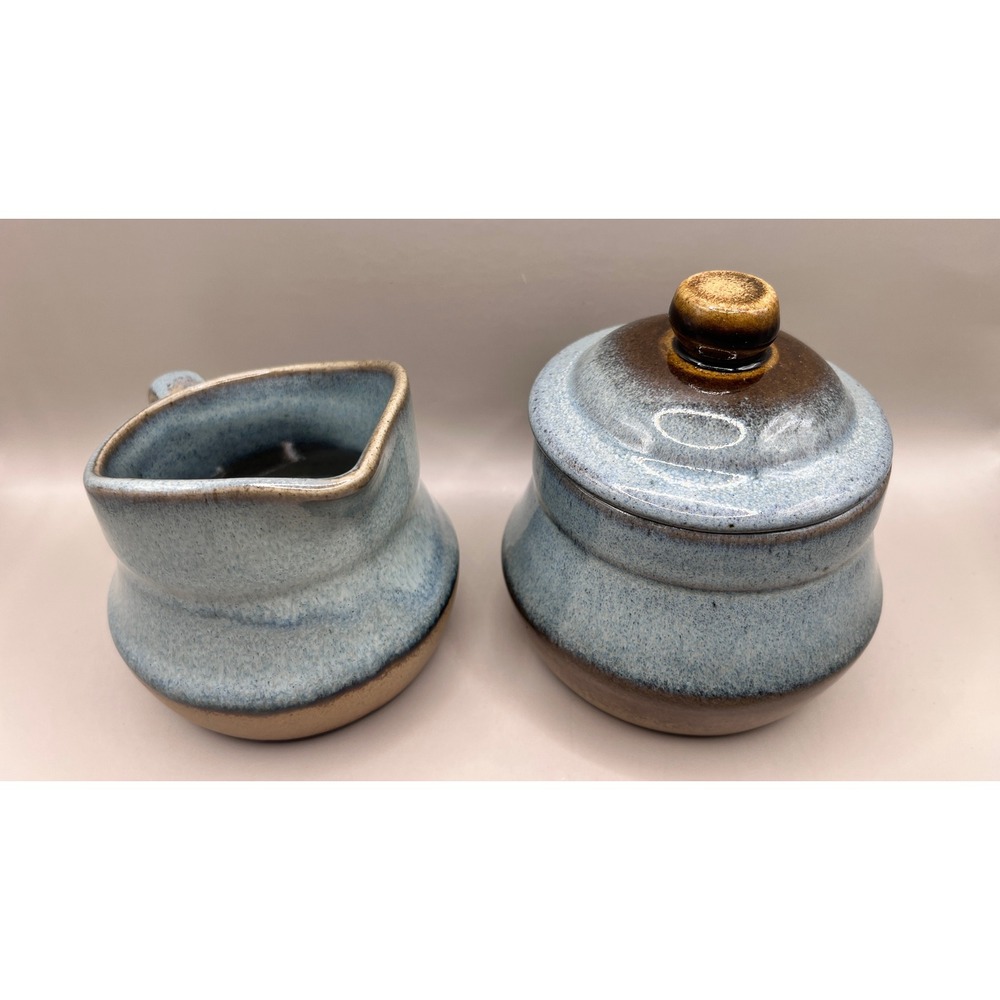 Vtg Studio Pottery Creamer Sugar Bowl Set Blue Brown Drip Glaze Stoneware